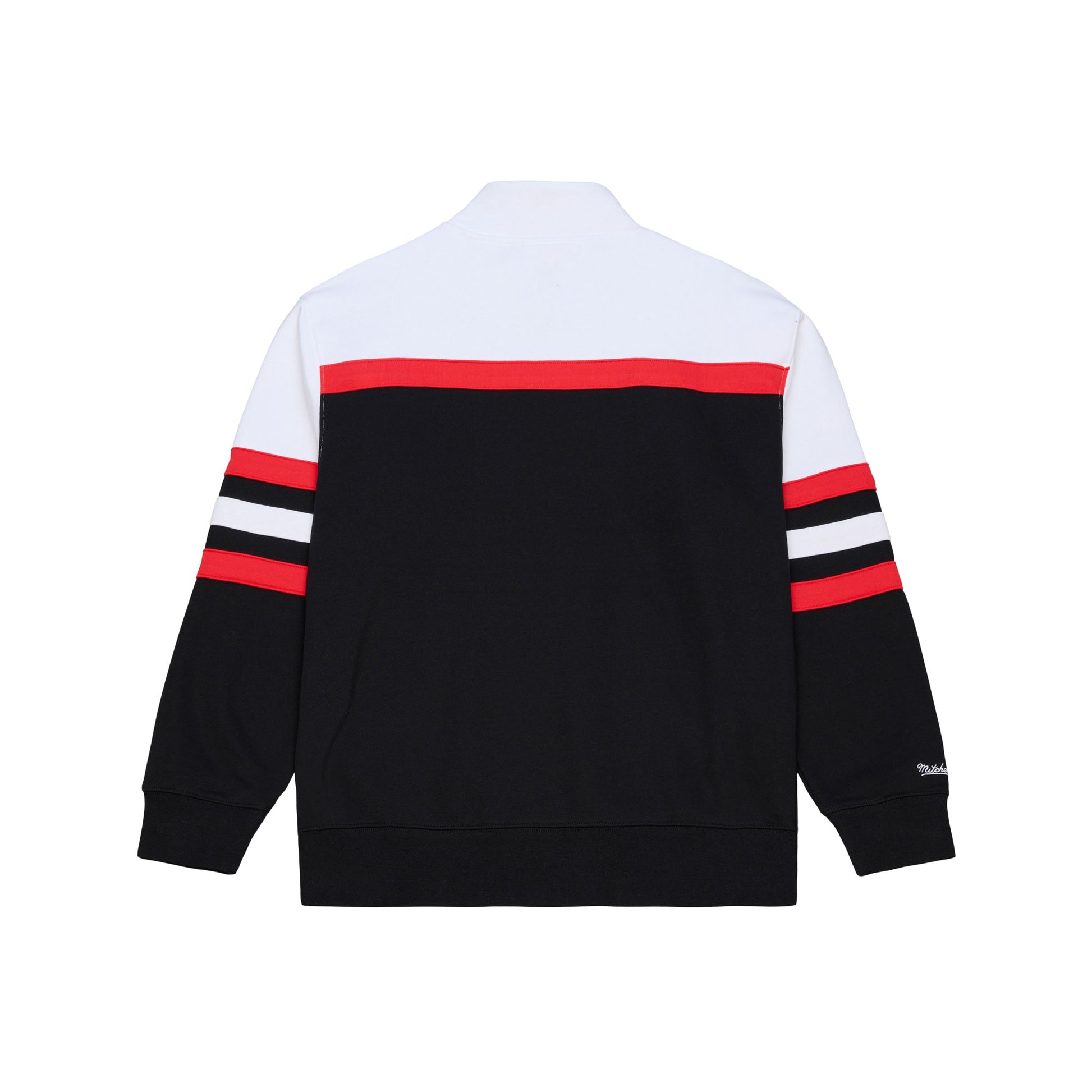 Front: Black quarter zip, red/white stripes, white shoulders,