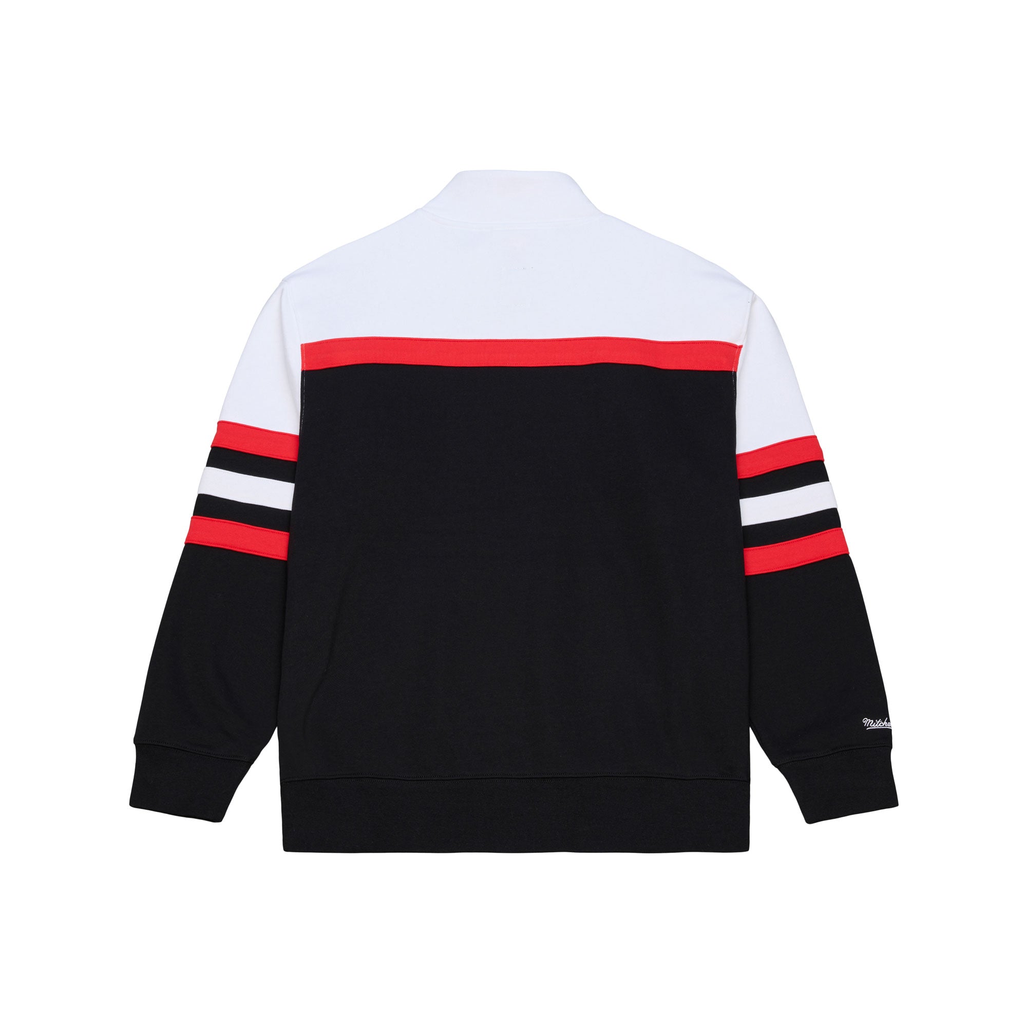 Front: Black quarter zip, red/white stripes, white shoulders,