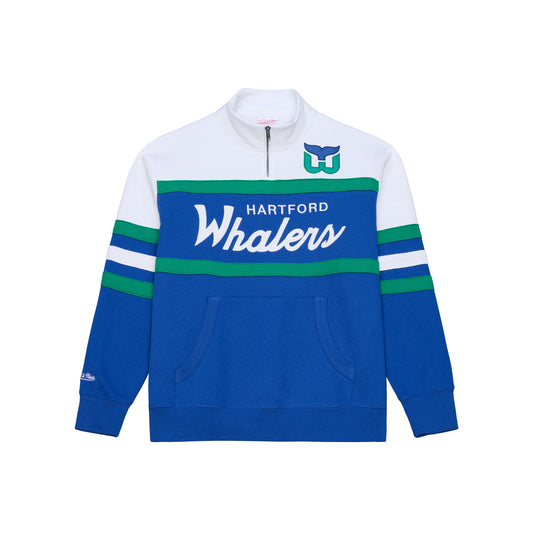 Front: Blue quarter zip, green/white stripes, white shoulders, "Hartford Whalers" across the chest