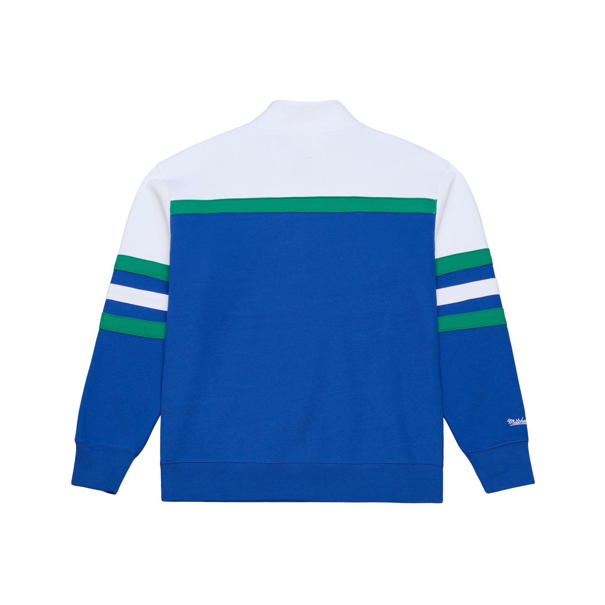 Front: Blue quarter zip, green/white stripes, white shoulders
