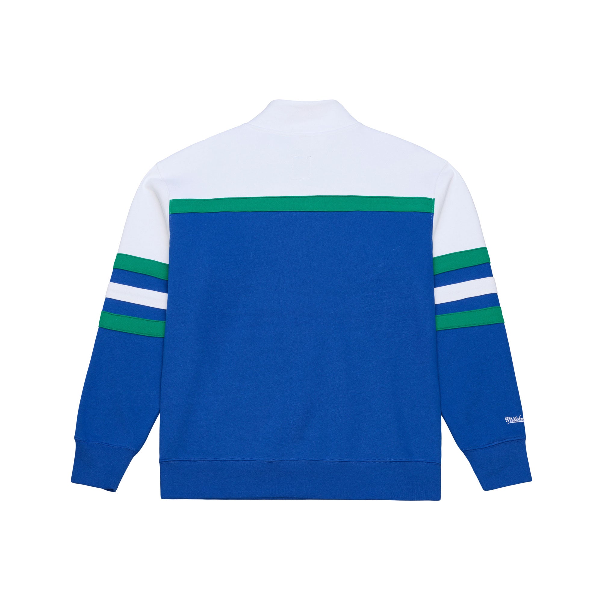 Front: Blue quarter zip, green/white stripes, white shoulders