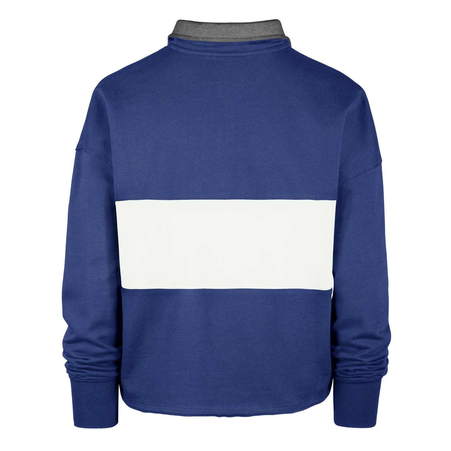 Back: Blue collared quarter zip with white stripe through middle