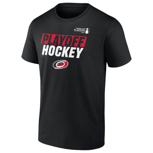 Front: Black tee, says Playoff Hockey in red and white with primary logo across front