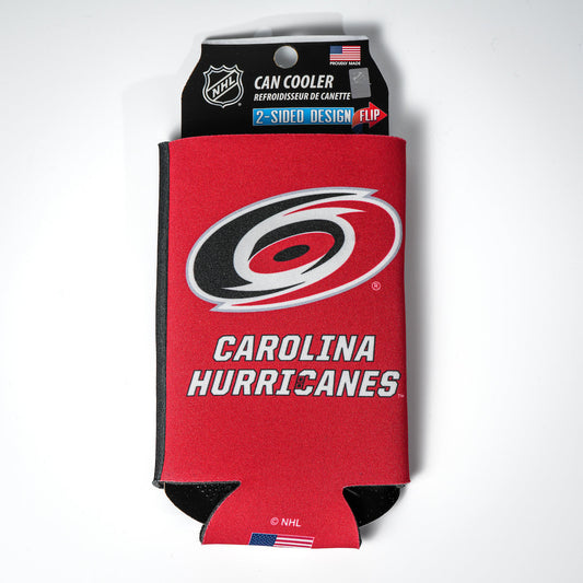 Red Side: Can cooler with Carolina Hurricanes wordmark and primary logo