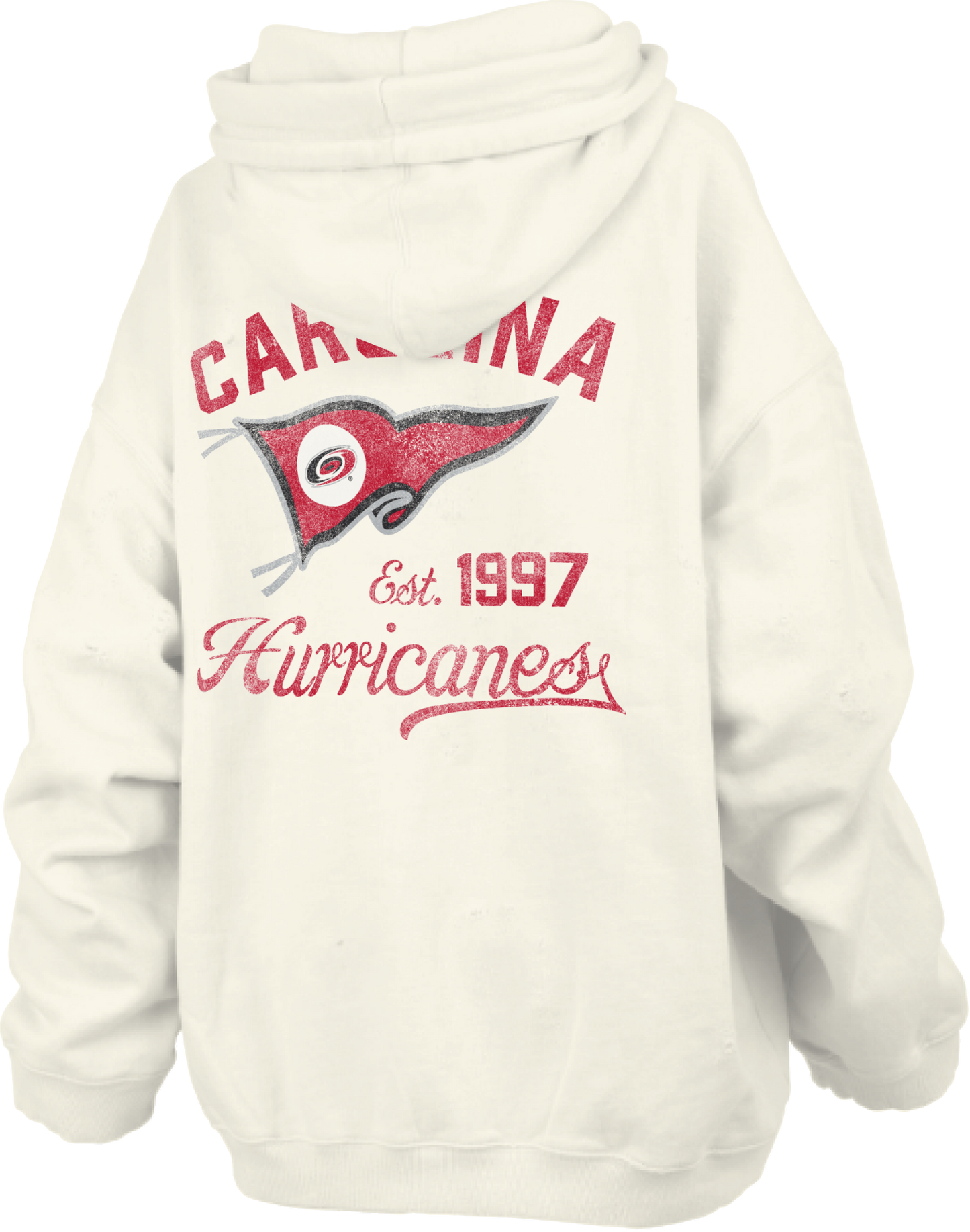 Back: Cream oversized hoodie with graphic featuring pennant, says Carolina Hurricanes est. 1997