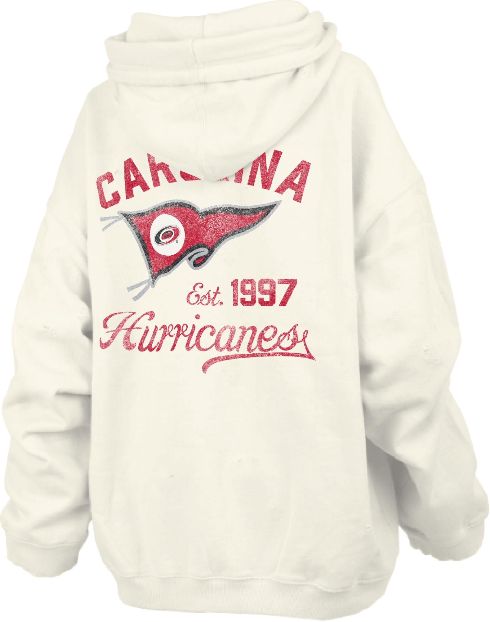 Back: Cream oversized hoodie with graphic featuring pennant, says Carolina Hurricanes est. 1997