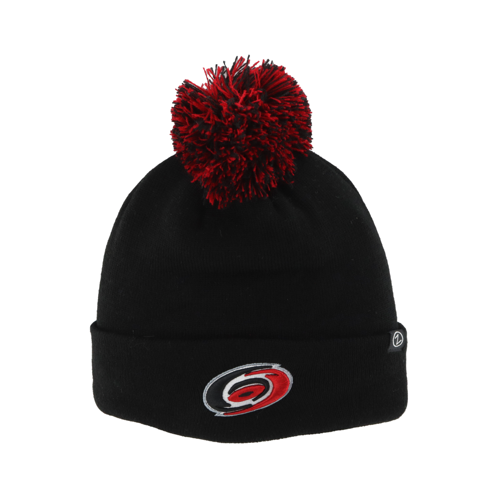 Black cuffed beanie with primary logo on cuff, red and black pom