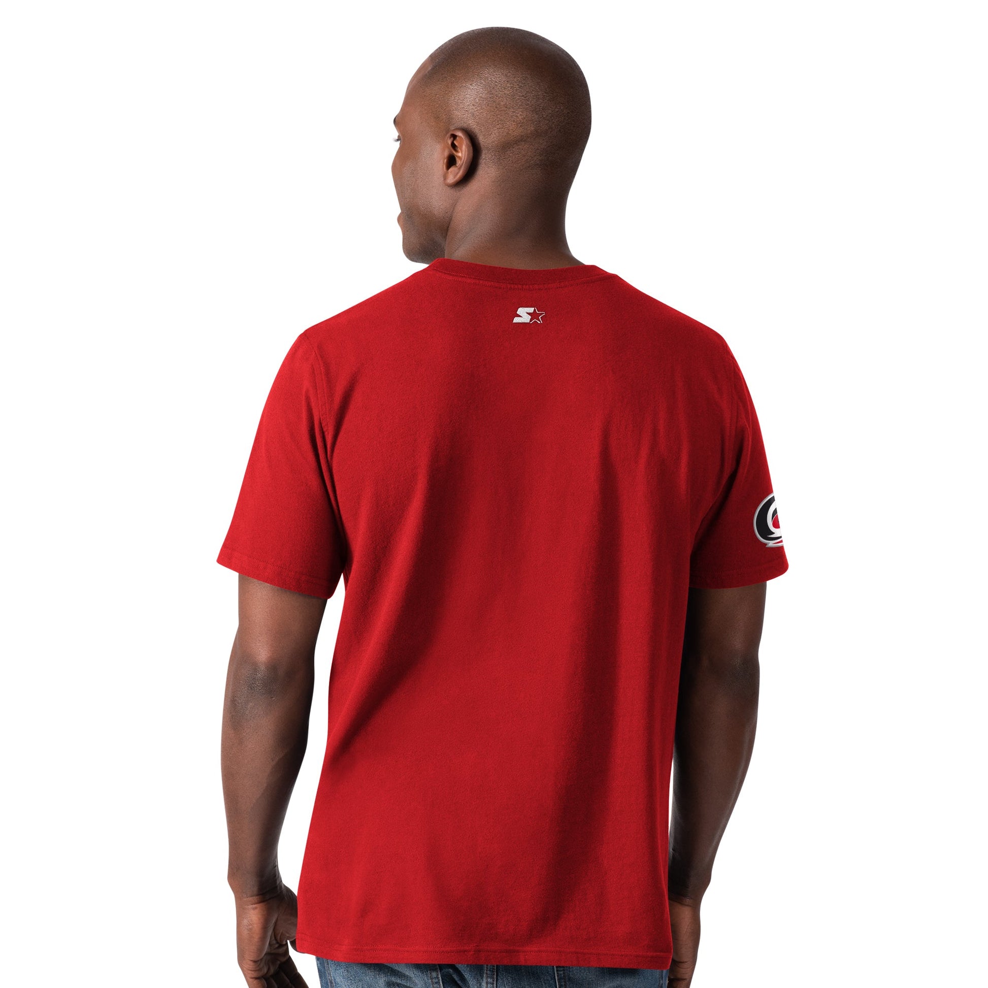 Back: Red tee with Starter logo at back of neck, Hurricanes primary logo on right sleeve