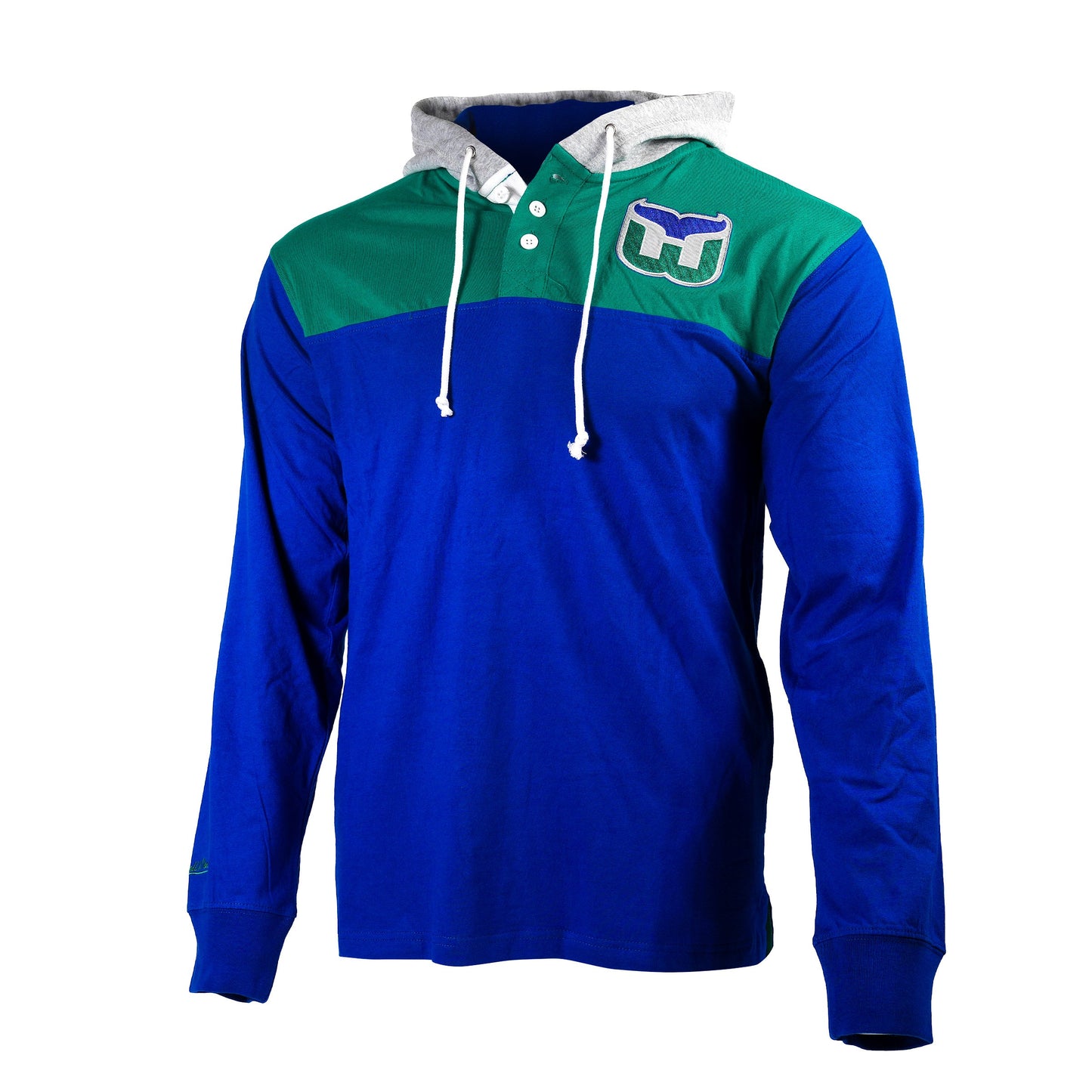 Blue and green longsleeve with grey hood featuring strings and buttons, Whalers logo on left chest