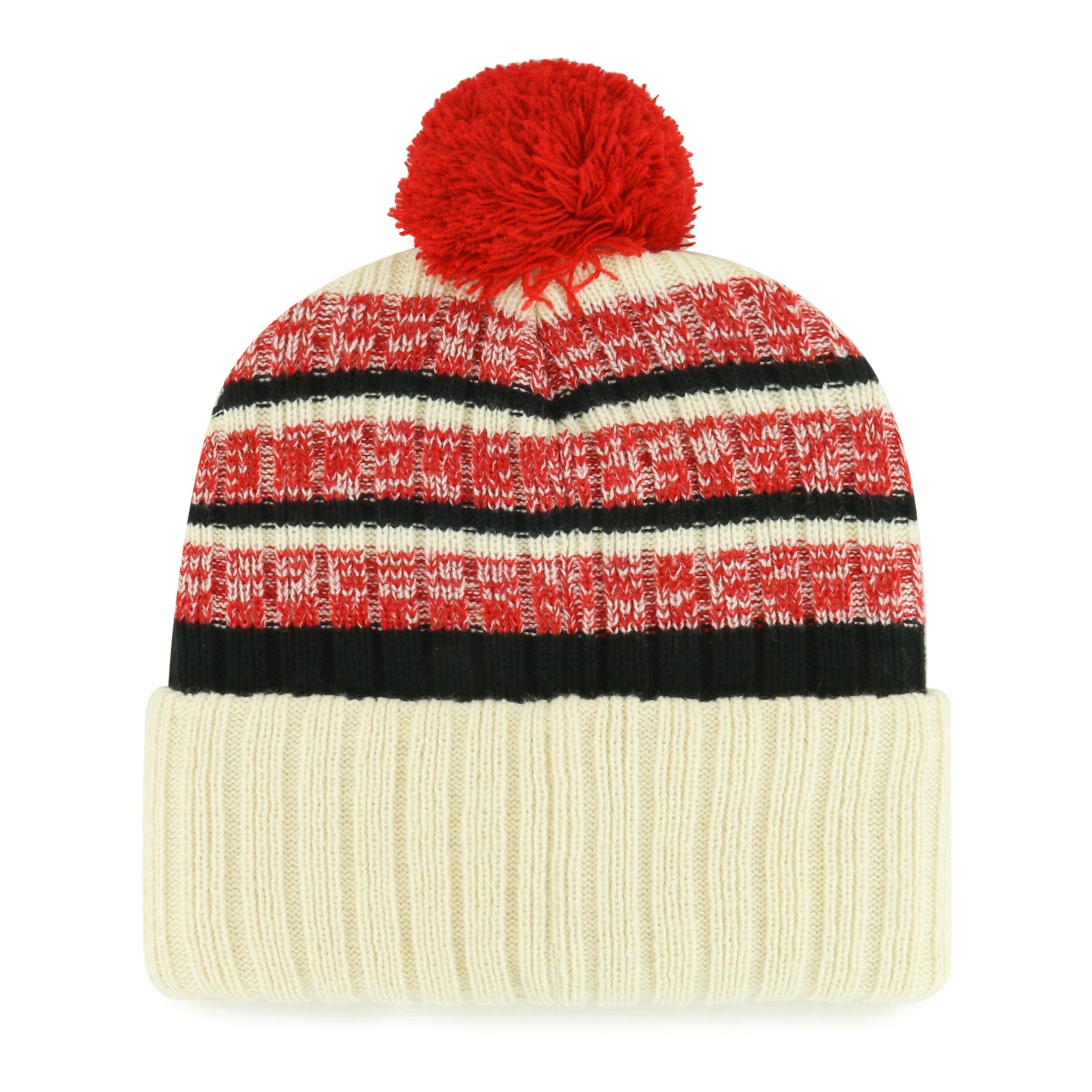 Back: Cream, red and black cuffed knit with red pom