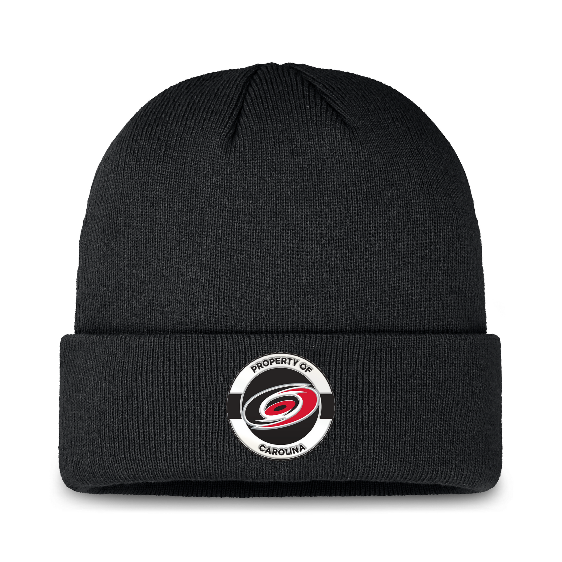 Front: Cuffed black beanie with Property of Carolina graphic on cuff