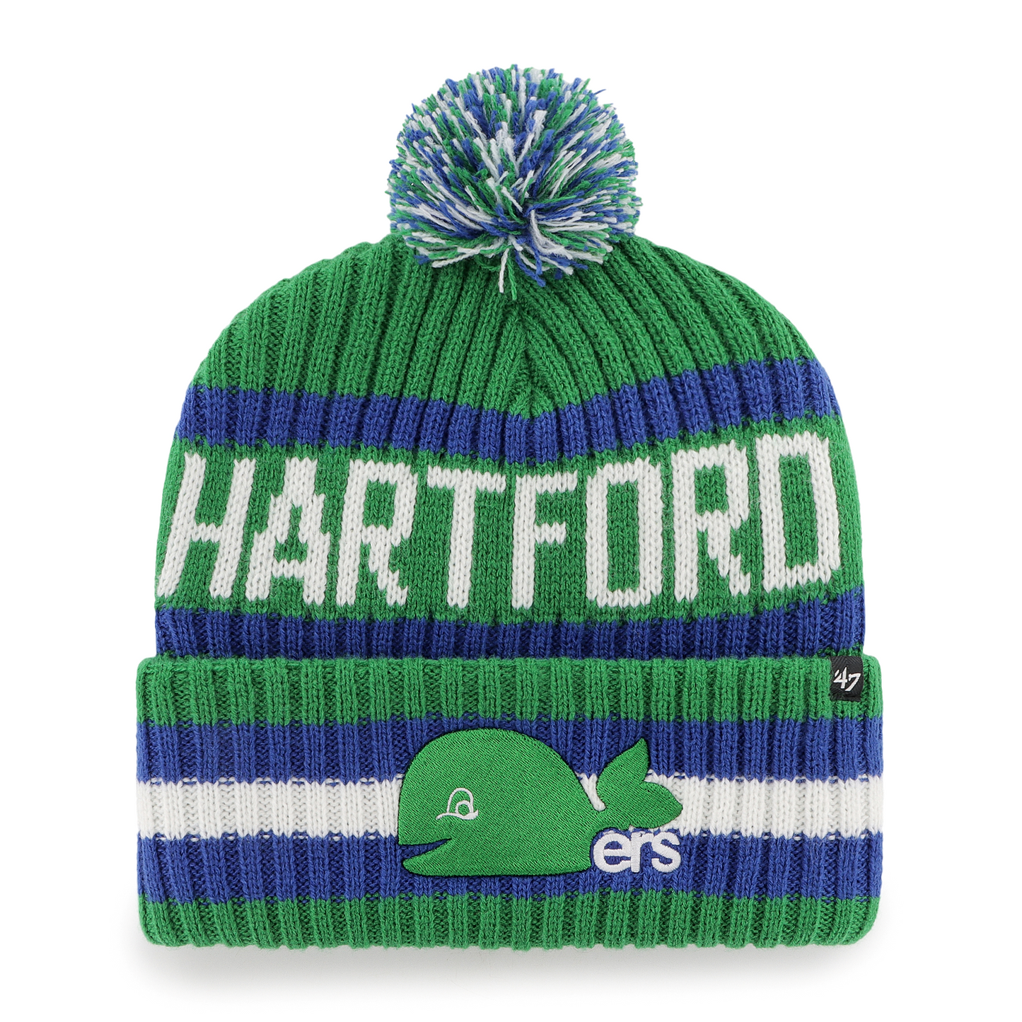 Front: Green blue and white cuffed knit with tri-colored pom, Pucky logo on cuff