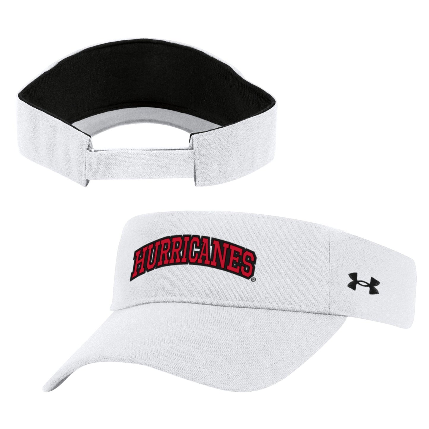 White visor, "HURRICANES" arched in red and black on front, UA logo on left