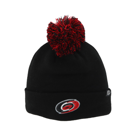 Black cuffed beanie with Hurricanes logo on cuff and red & black pom