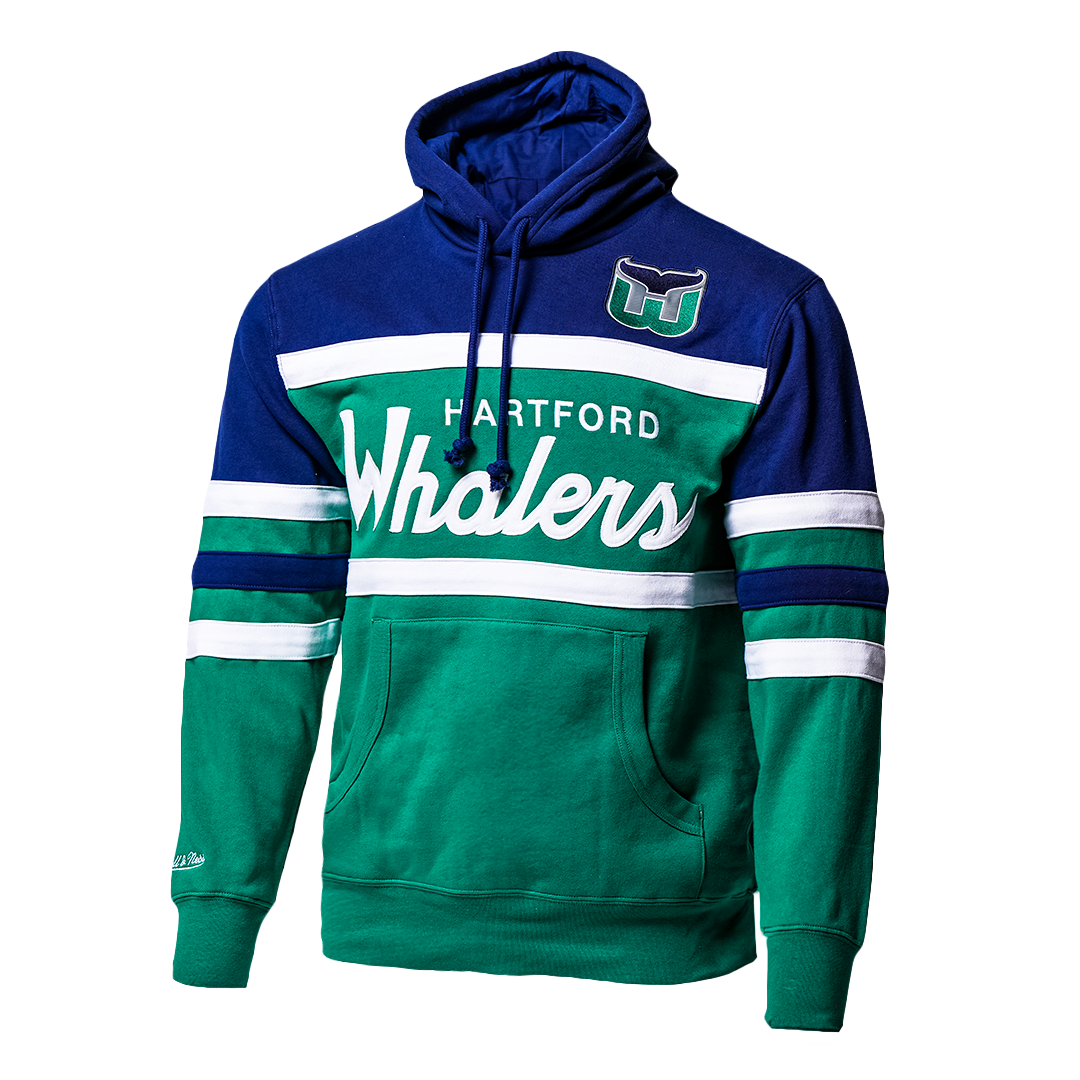 Blue and Green hoodie with white strips and says Hartford Whalers in white with logo