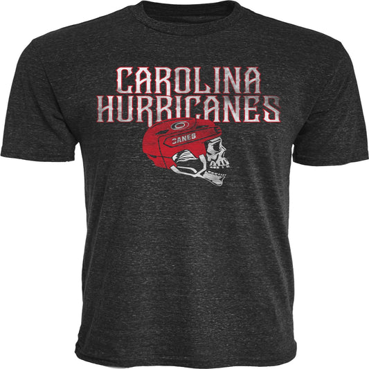 black tee that says Carolina Hurricanes in white and red with skull wearing Hurricanes hockey helmet