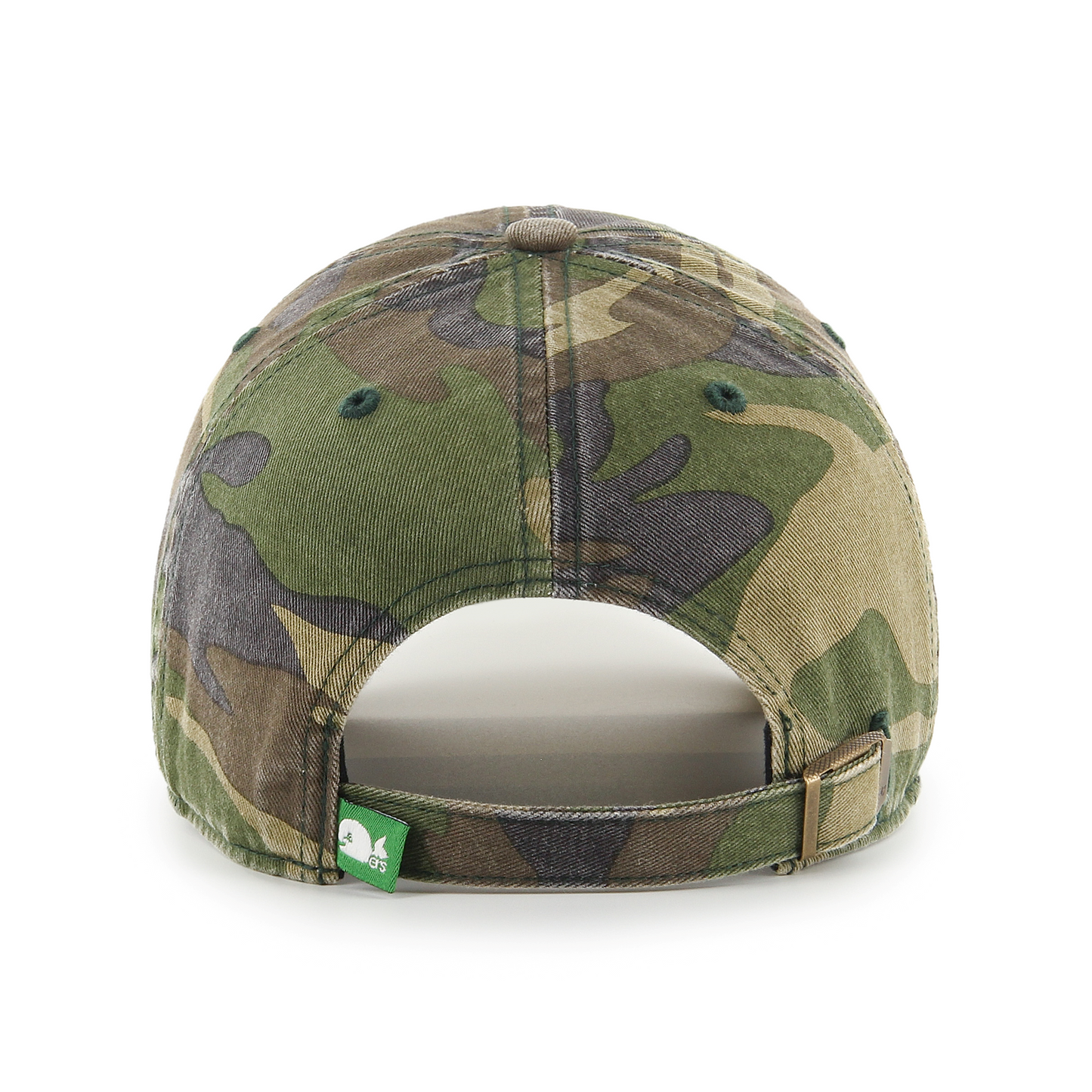 Back: Camouflage hat with adjustable strap and clasp, green Pucky tag on strap