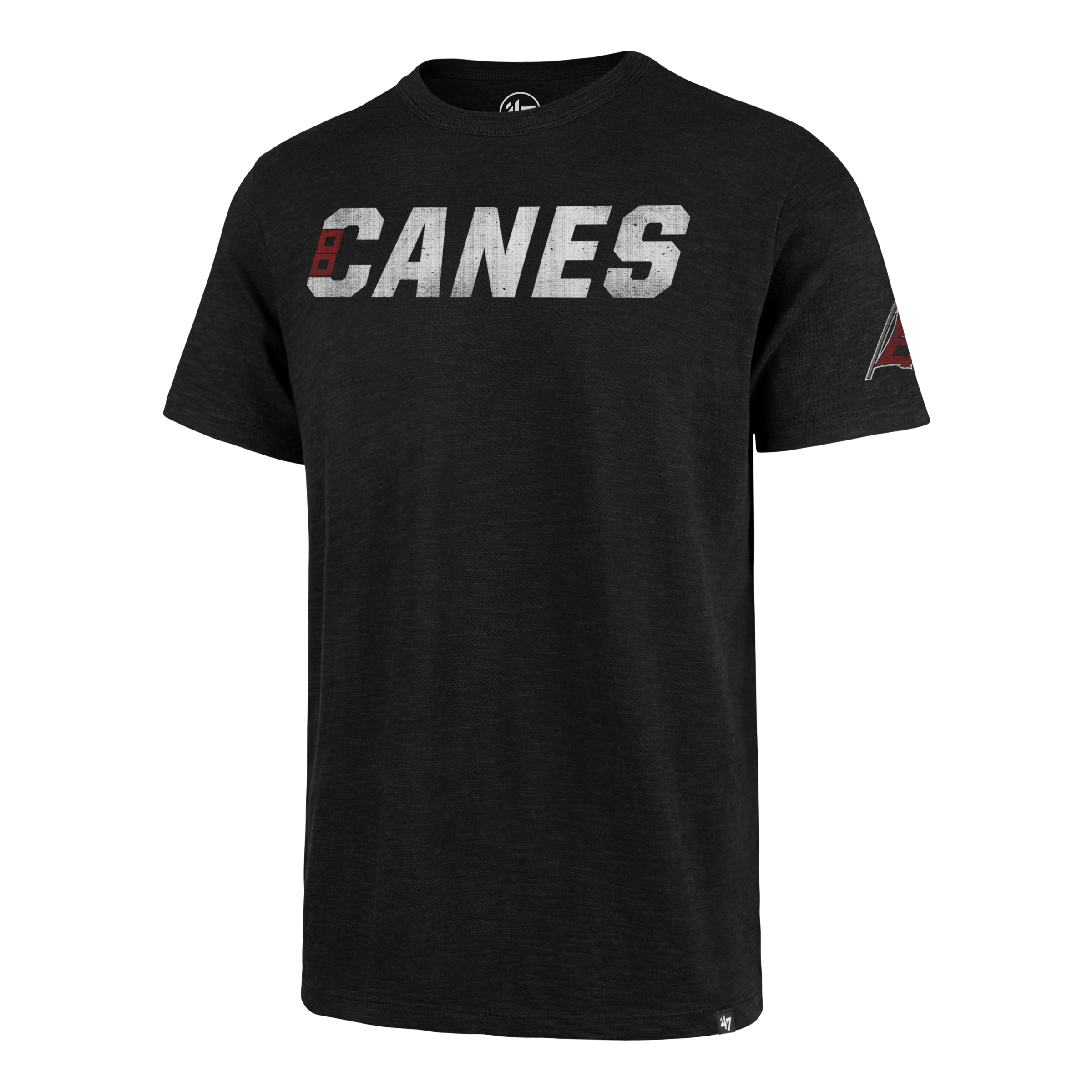 Black tee with CANES wordmark across chest, Flags logo on left sleeve
