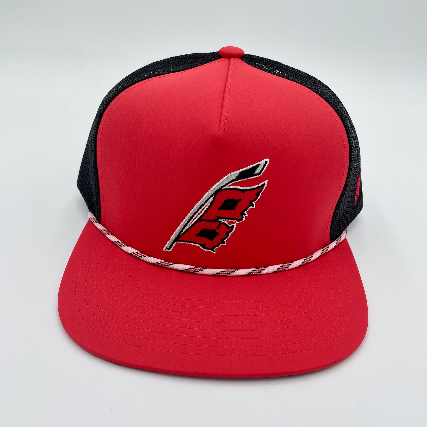 Front: Red hat with tri-colored rope on brim, Canes Flags logo on front