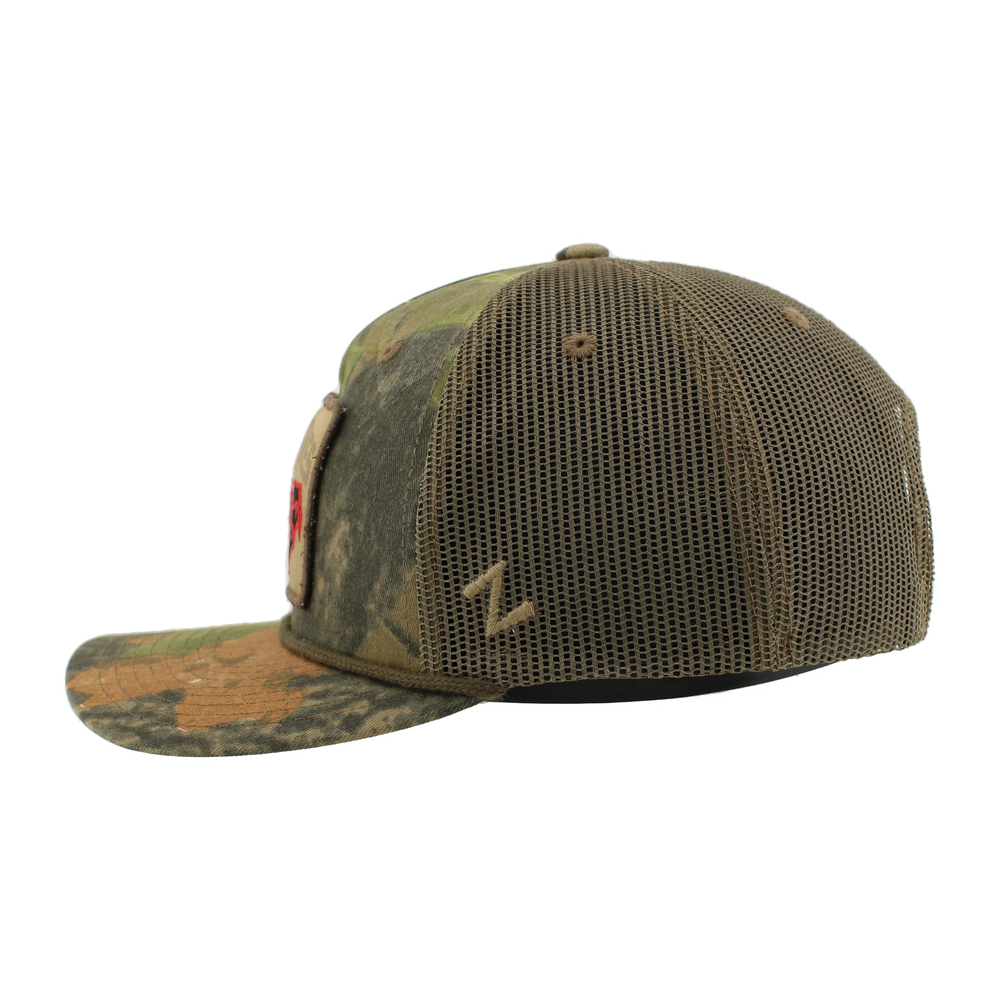 Left: Camouflage hat, brown "Z" Zephyr logo on left side of meshback