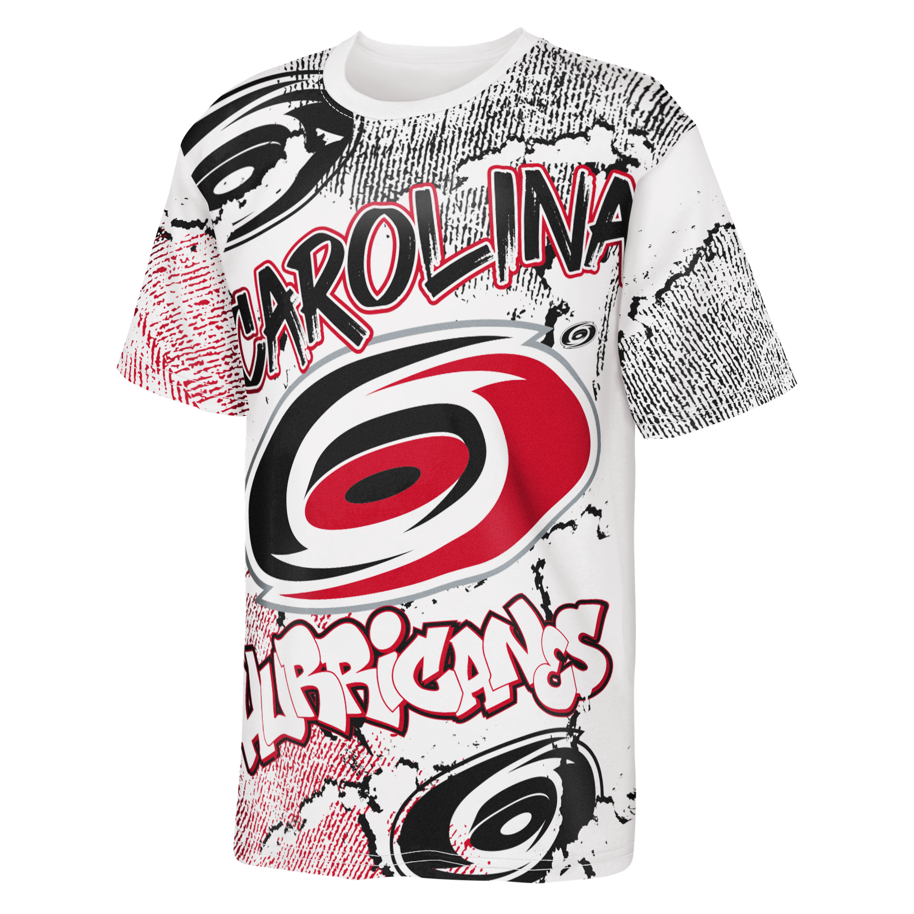 Front: White tee with graffiti-style graphic in red white and black, says Carolina Hurricanes