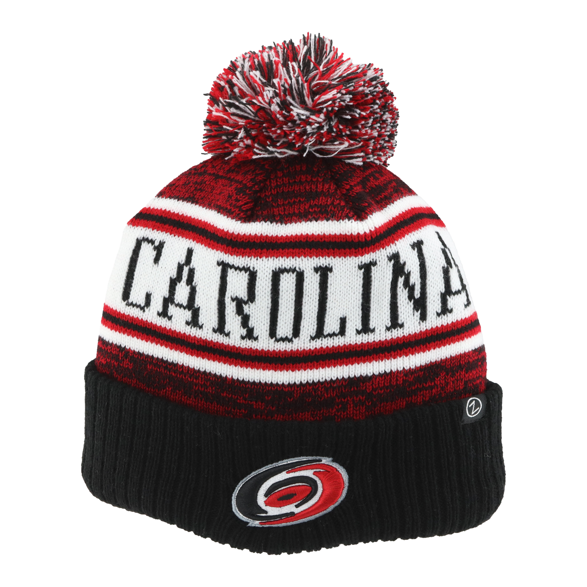 Front: Red, black and white cuffed pom knit, Primary logo on cuff, Carolina across front