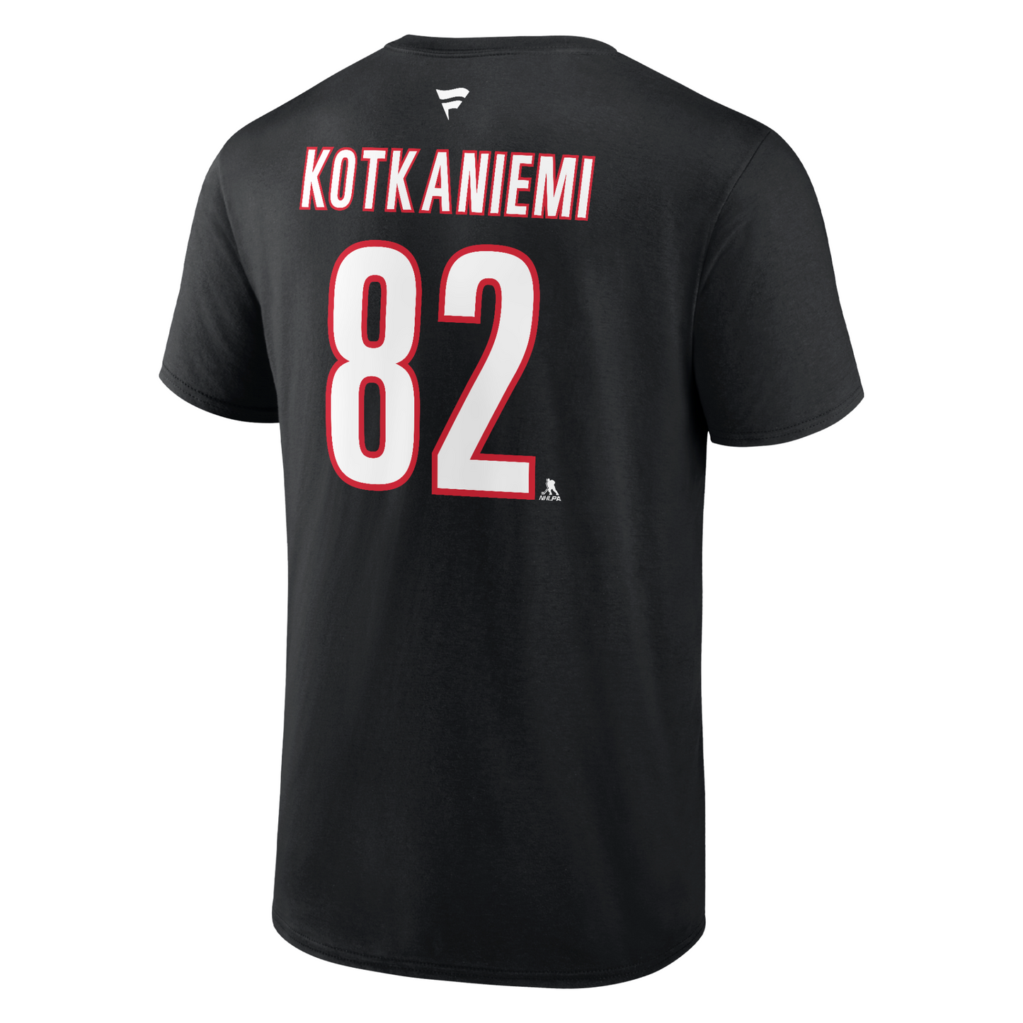 Back: Black tee with Kotkaniemi 82 in white and red, white Fanatics logo above