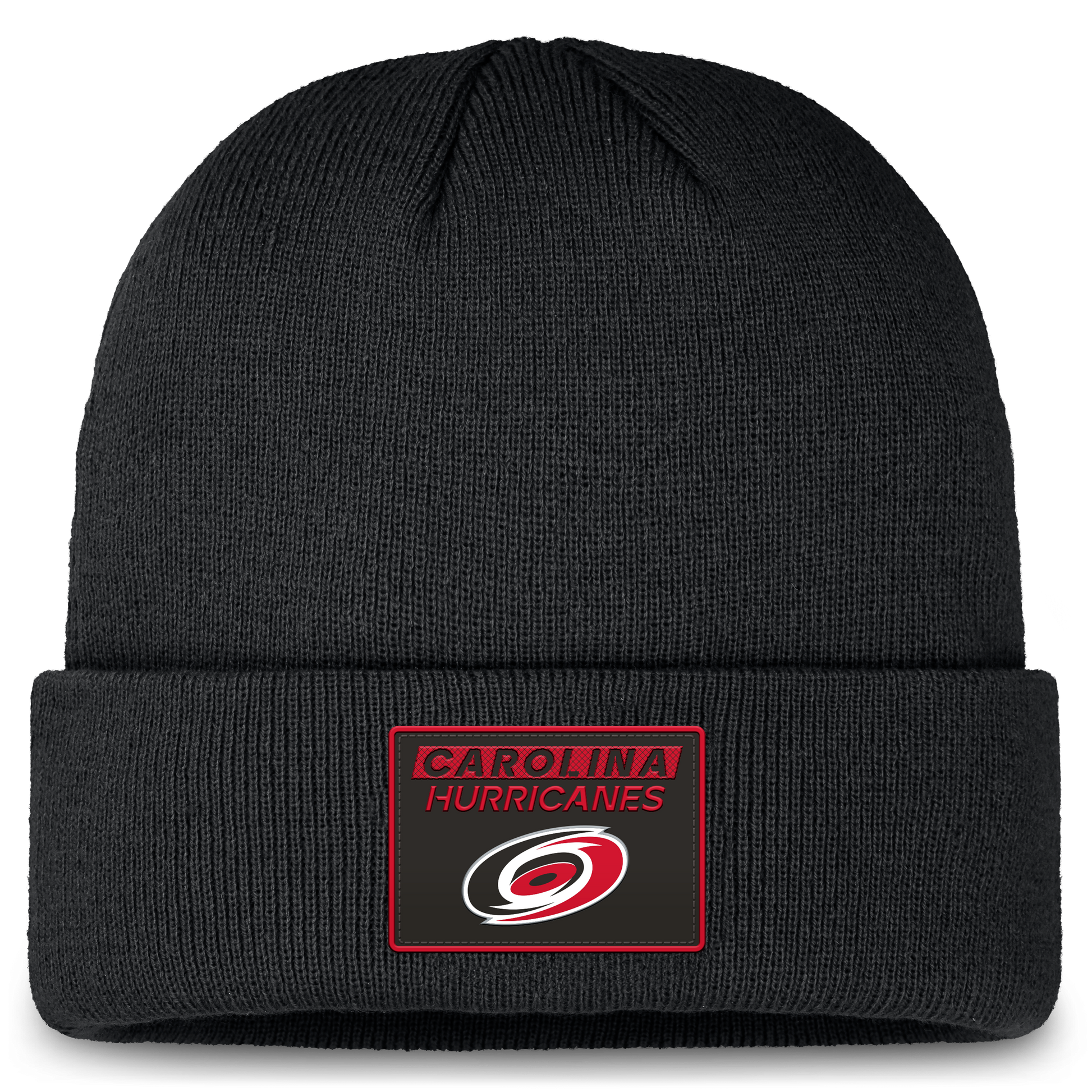 Front: Black cuffed beanie with black and red patch on cuff that says Carolina Hurricanes