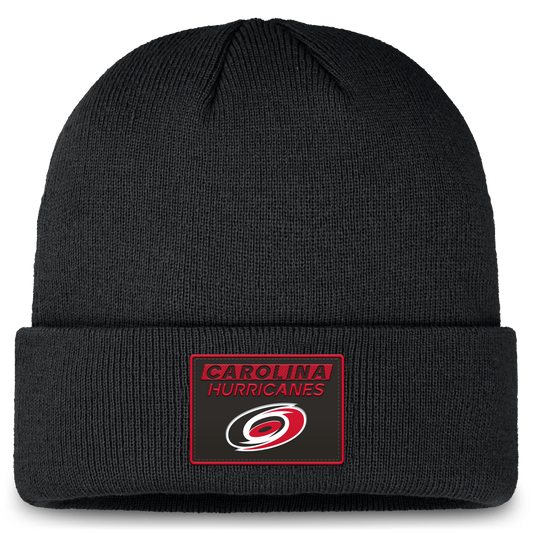 Front: Black cuffed beanie with black and red patch on cuff that says Carolina Hurricanes