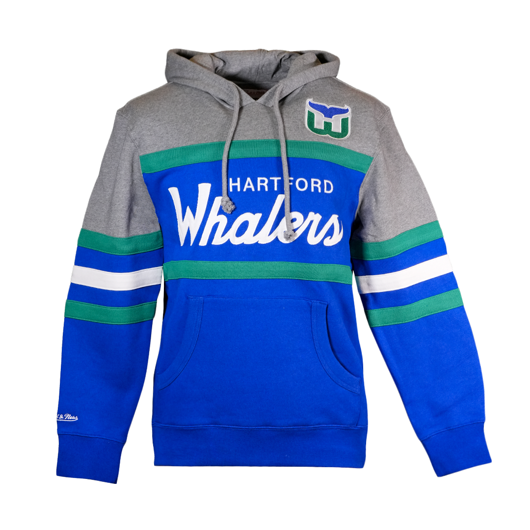 Blue and gray hood with white stripes, says Hartford Whalers in white across front