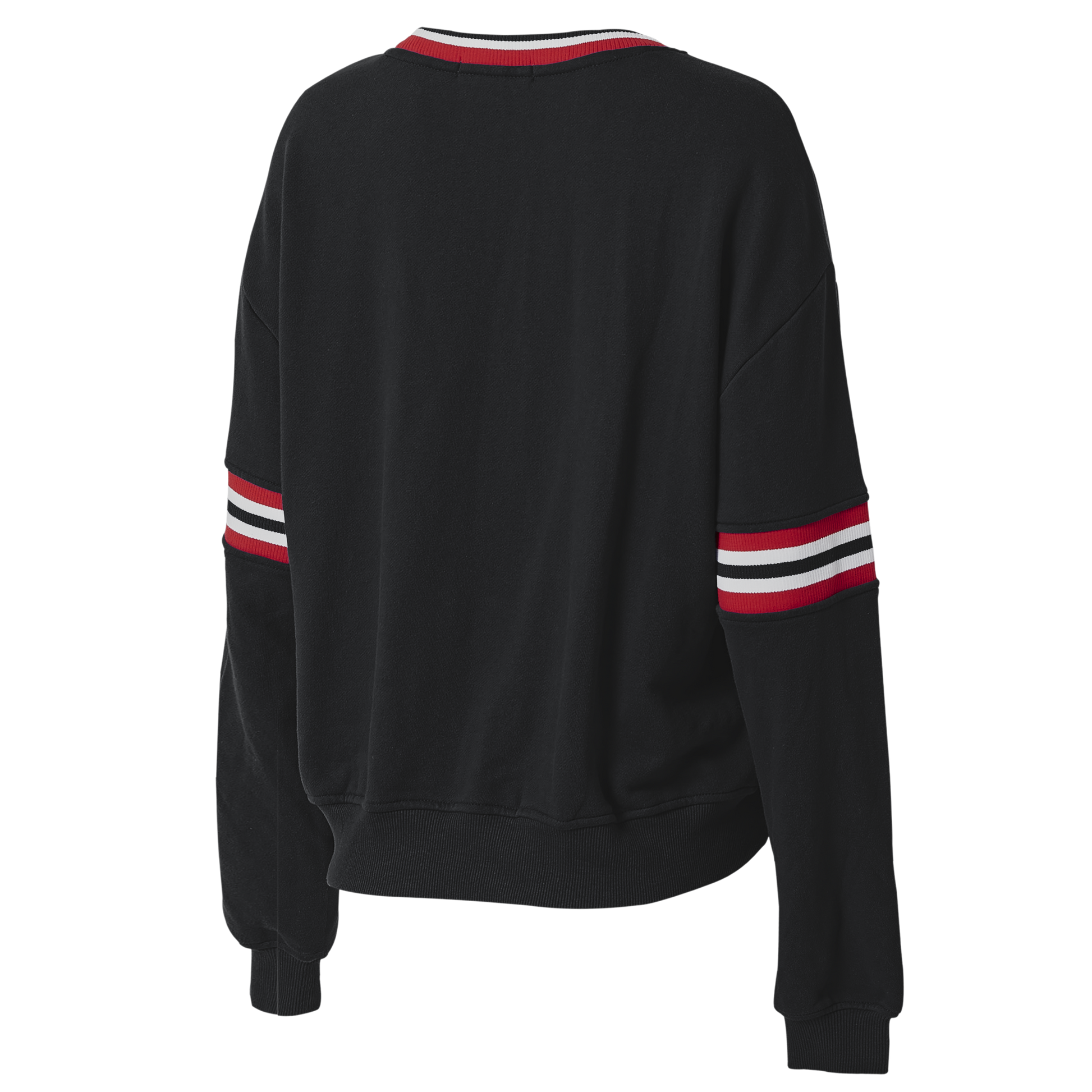 Back: Black crewneck with red white and black striping on sides and red & white collar