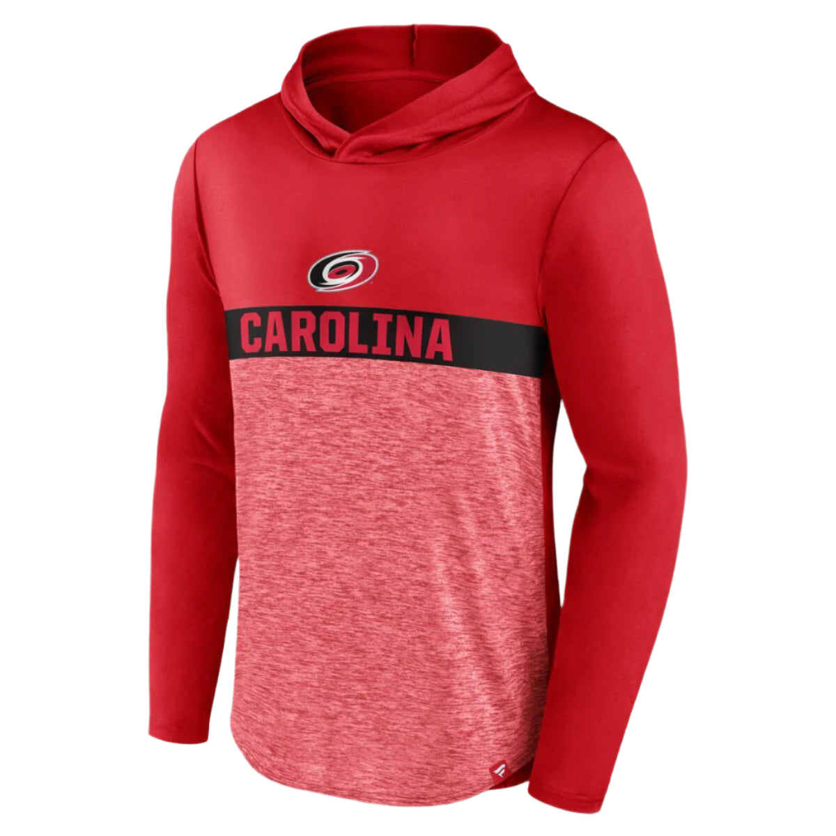 Front: Red hoodie with black stripe across chest, heathered red torso, says Carolina in stripe