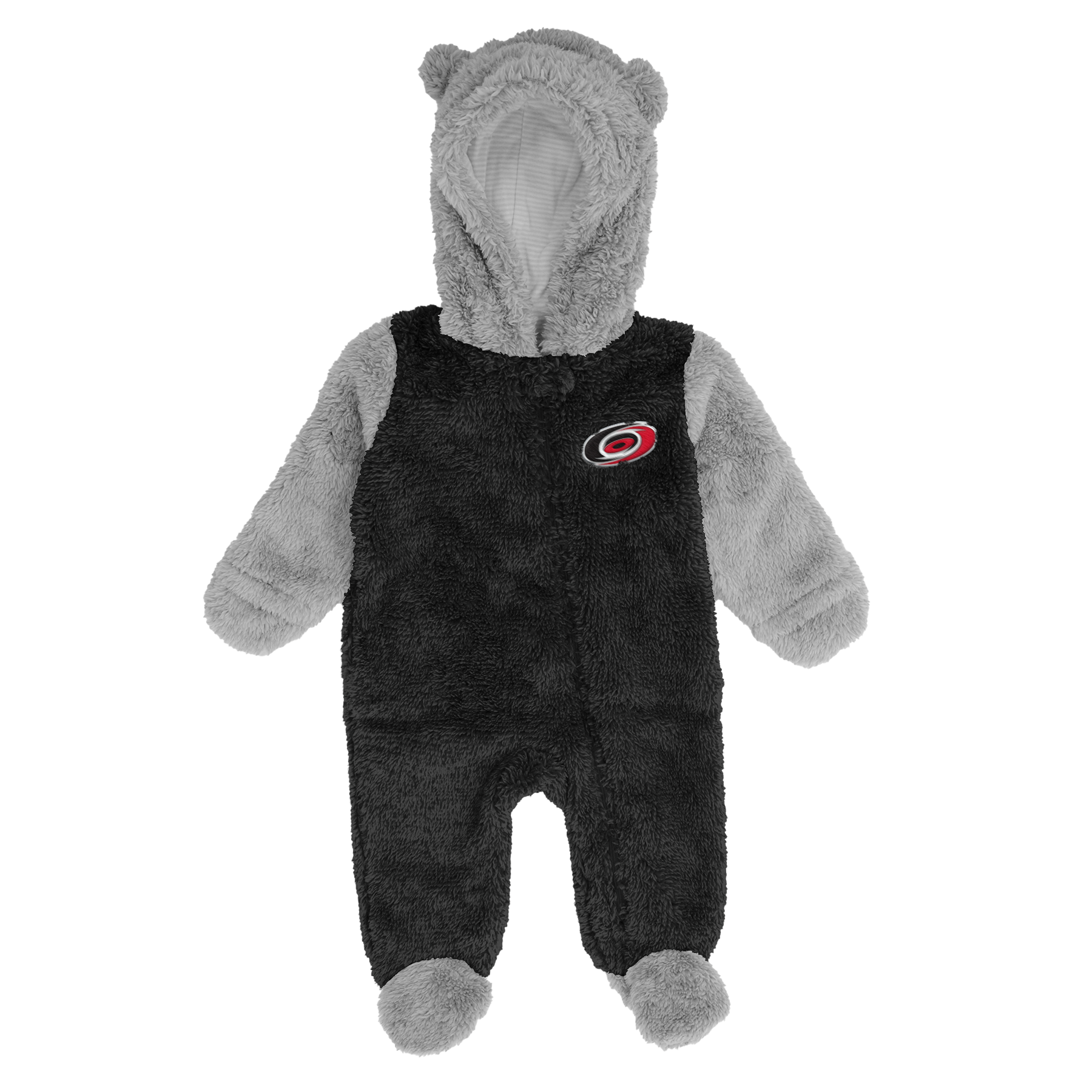 Front: Black and gray hooded fleece onesie with ears, primary logo on left chest