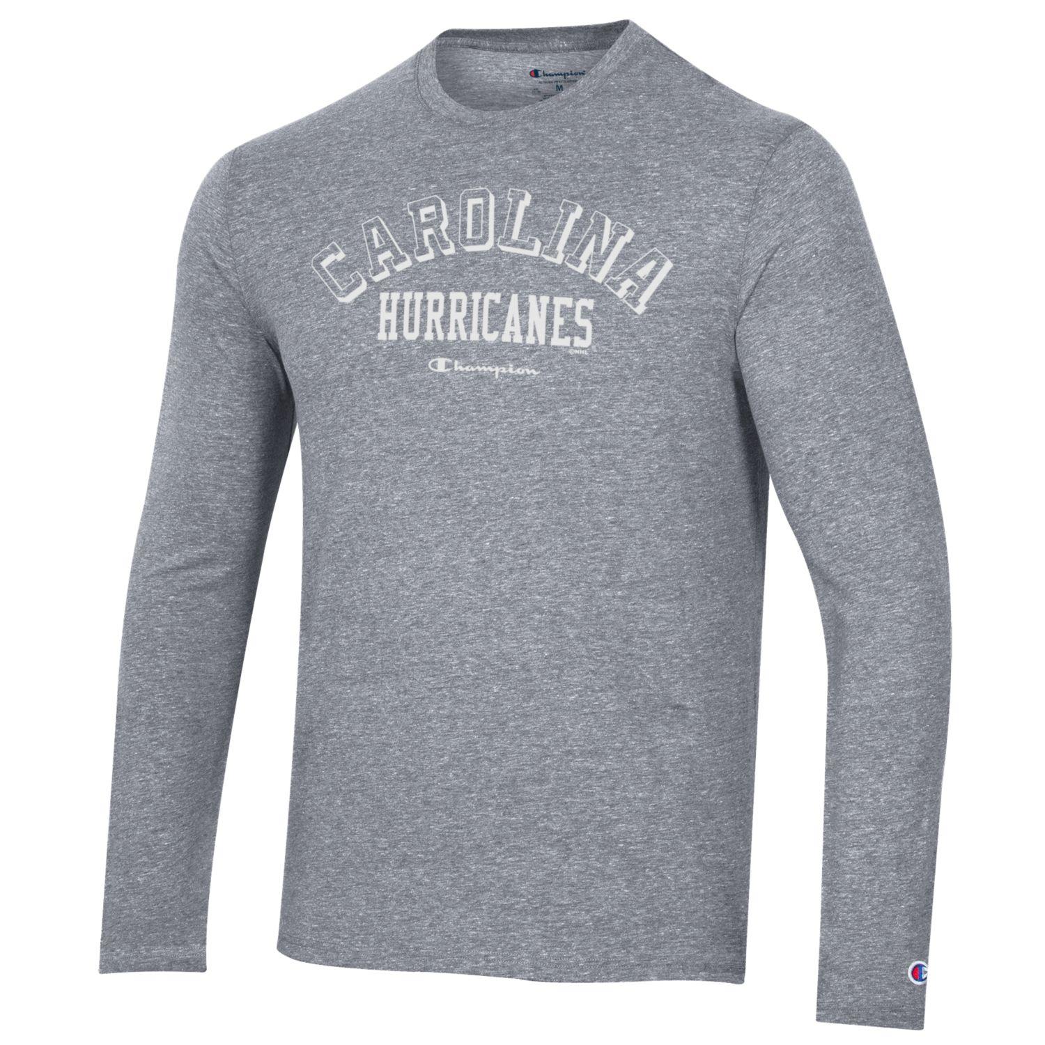 Gray longsleeve tee with Carolina Hurricanes in white on chest, Champion logo beneath