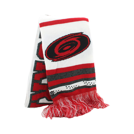 White scarf with red and gray accents, primary Tonal logo, red/white fringe
