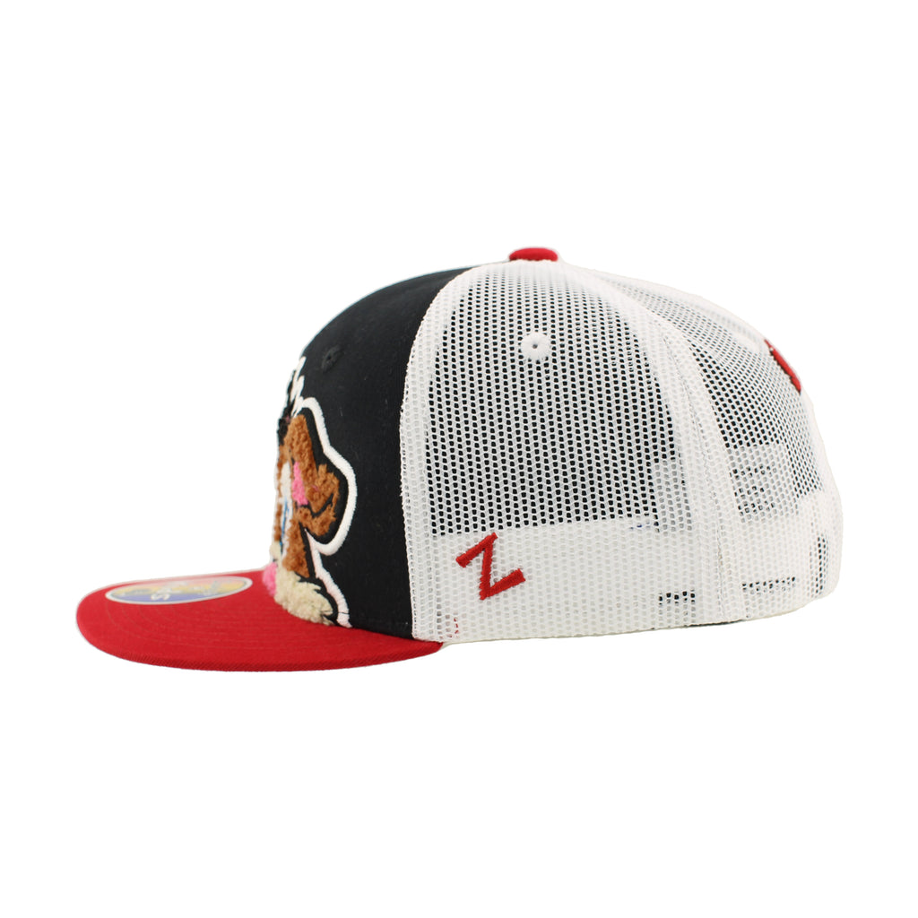 Left: Black hat, red "Z" Zephyr logo on left side of white meshback