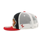 Left: Black hat, red "Z" Zephyr logo on left side of white meshback