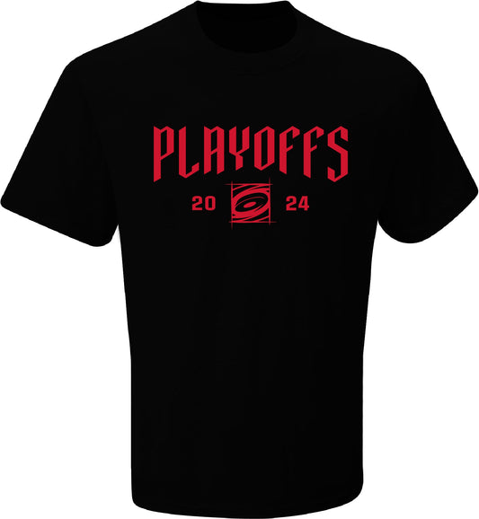 Front: Black tee with 2024 Playoffs graphic in red on front