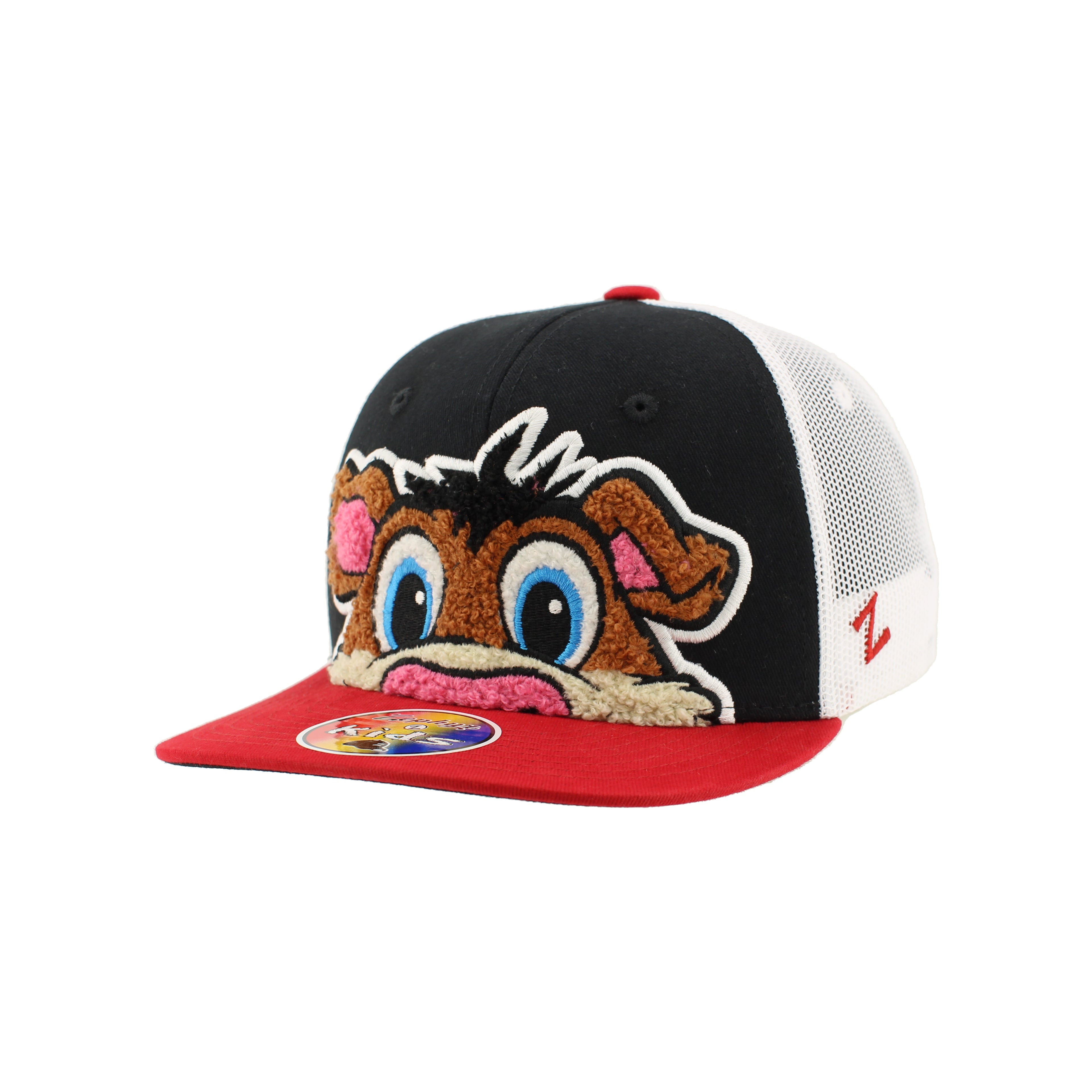 Front: Black hat, red brim, close up of Stormy's face peeking over the brim