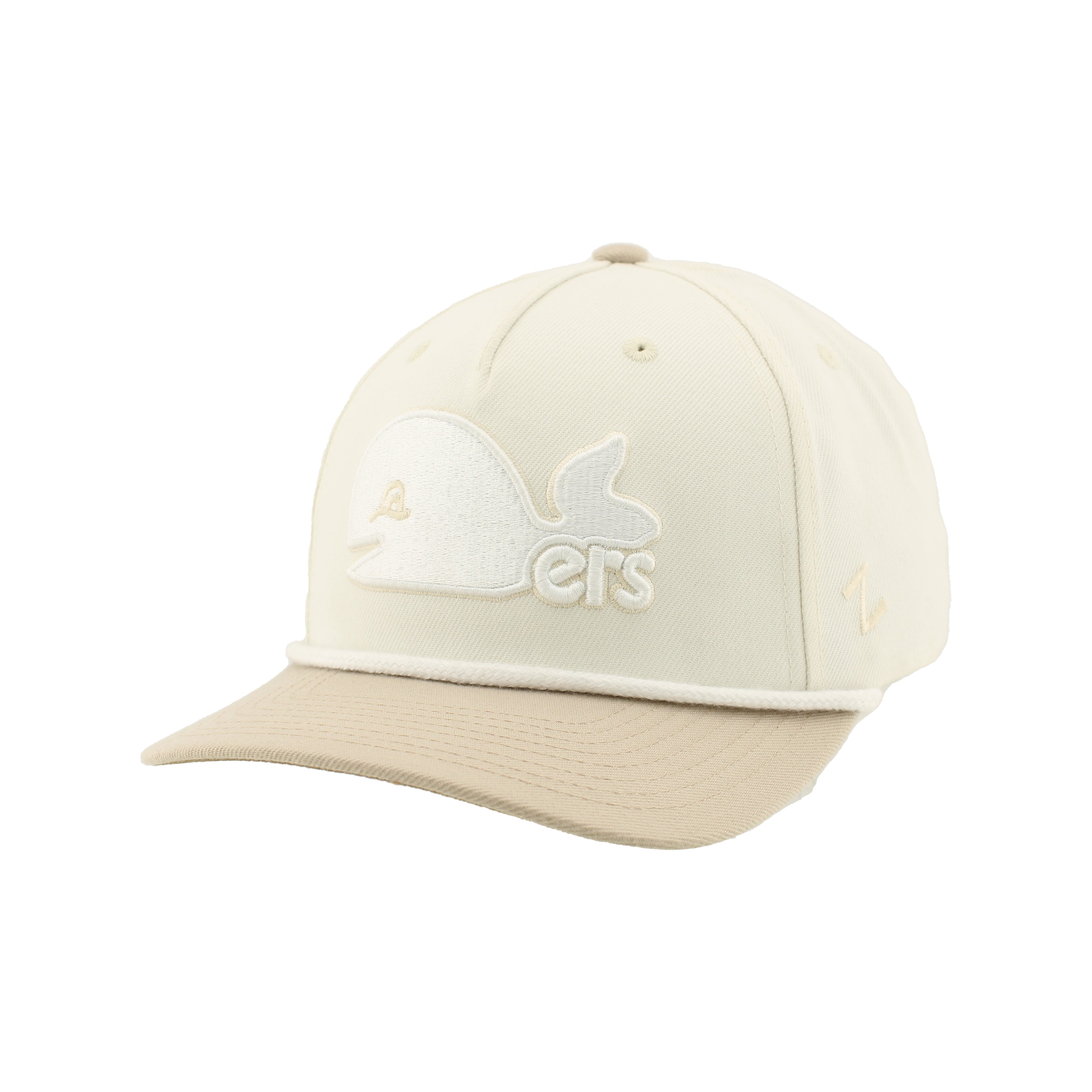Front: Cream hat with beige brim, white Pucky Whalers logo on front
