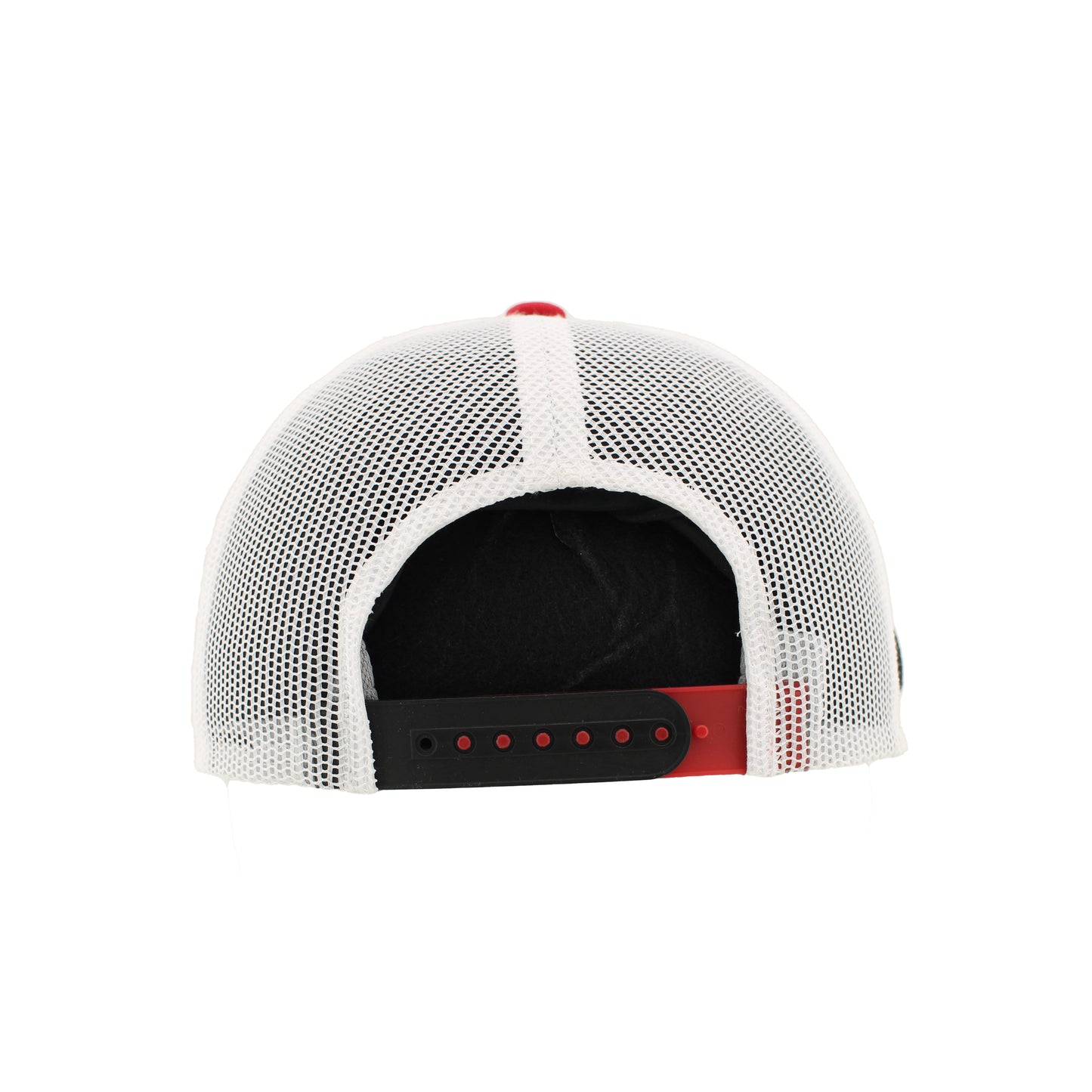 Back: White meshback, red crown, red and black snapback straps