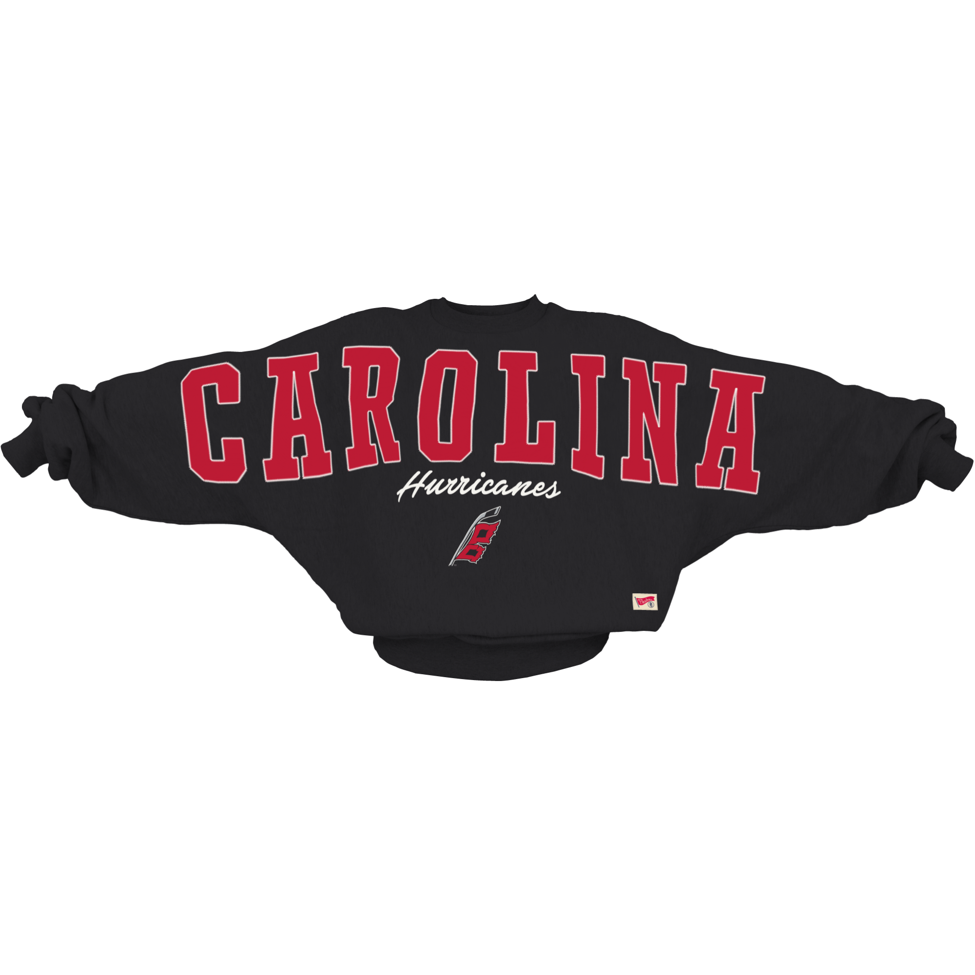 Black oversized sweater, "CAROLINA" in red/white across chest/arms, "Hurricanes" in white, Flags logo