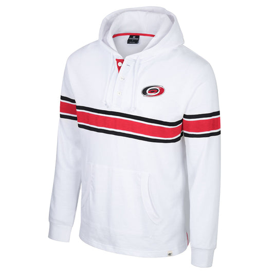 White hood with buttons , Hurricanes logo on left chest black & red stripes across hood and sleeves