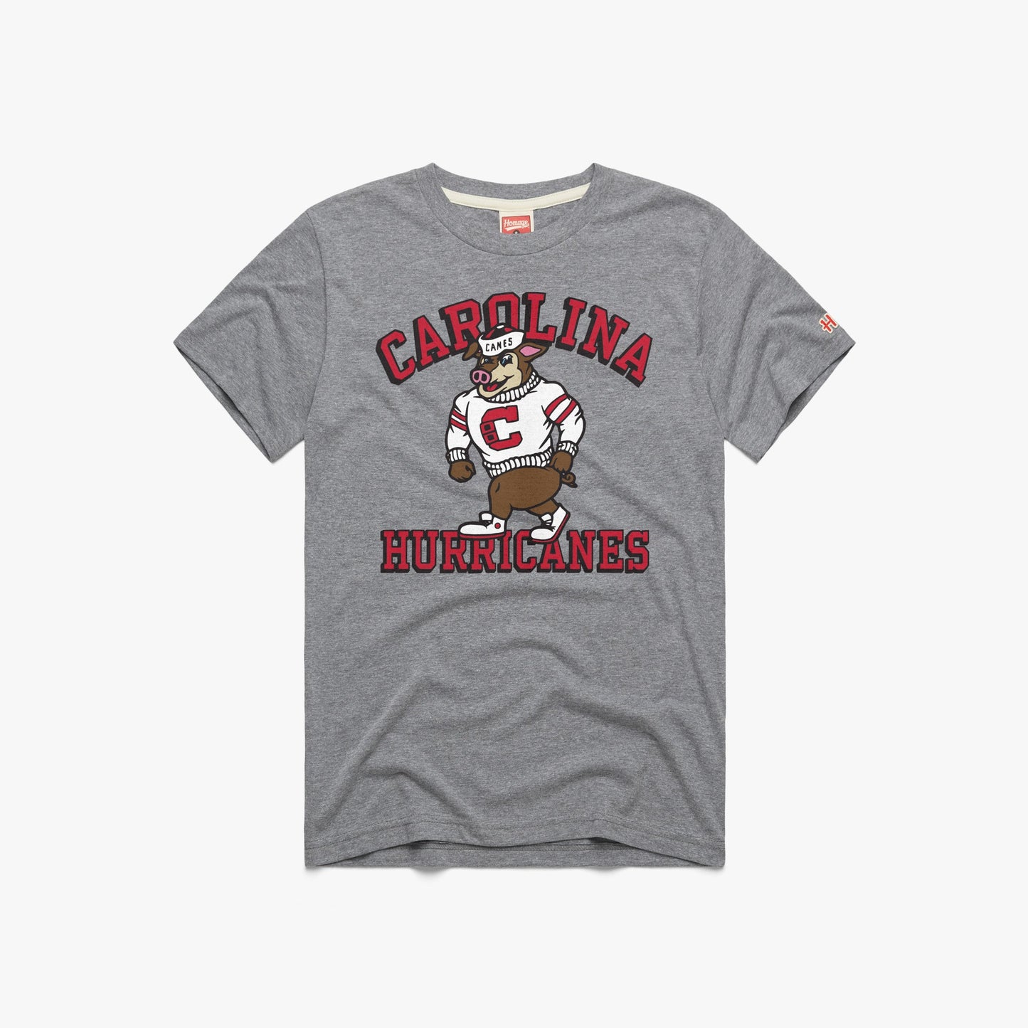 Gray tee with graphic on front that says Carolina Hurricanes in red with Vintage Stormy