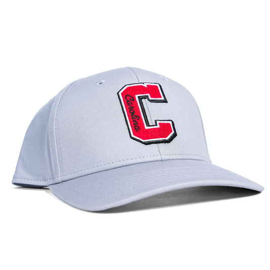 Gray hat with collegiate-style "C" in red white in black, says Carolina in script inside C