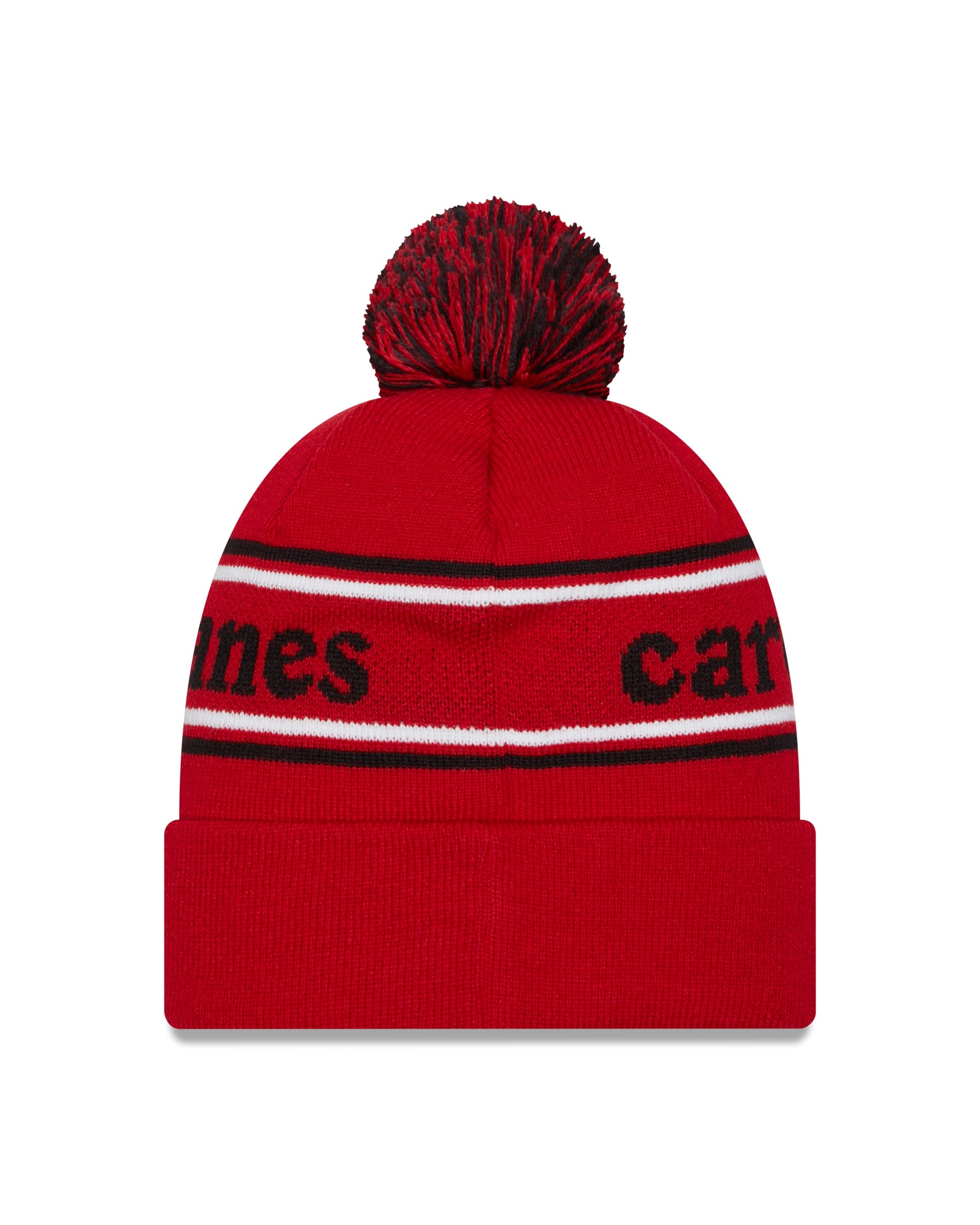 Back: Red beanie with white and black stripes, says carolina hurricanes wrapped around