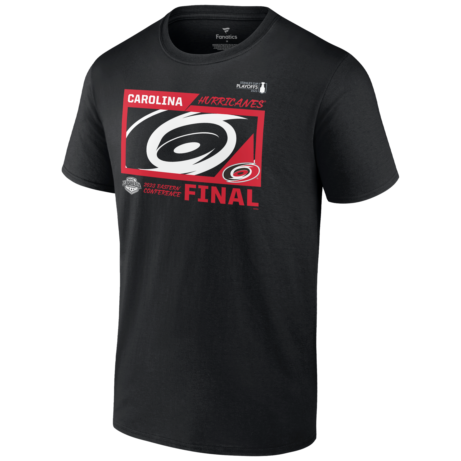 Front: Black tee with Carolina Hurricanes 2023 Eastern Conference Final graphic