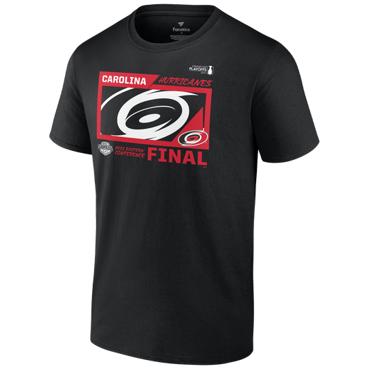 Front: Black tee with Carolina Hurricanes 2023 Eastern Conference Final graphic