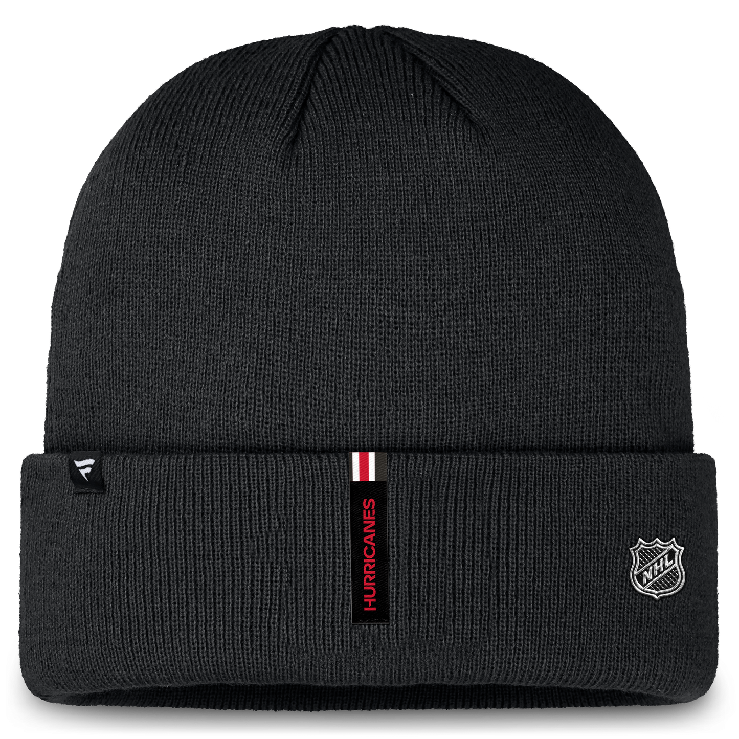 Back: Black cuffed beanie with Hurricanes tag on cuff, small NHL shield on right of cuff