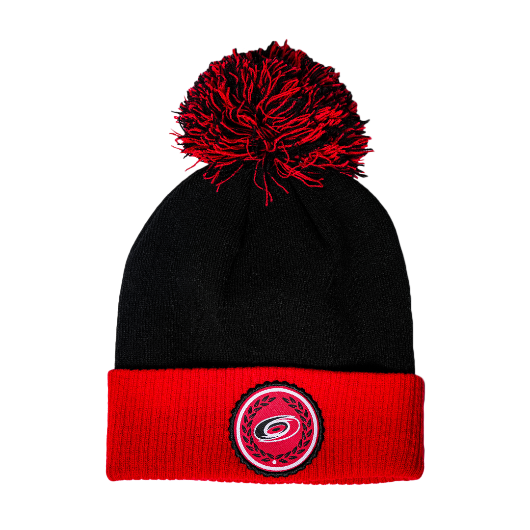 Black beanie with red cuff, black and red pom, Hurricanes circular logo with laurels on cuff